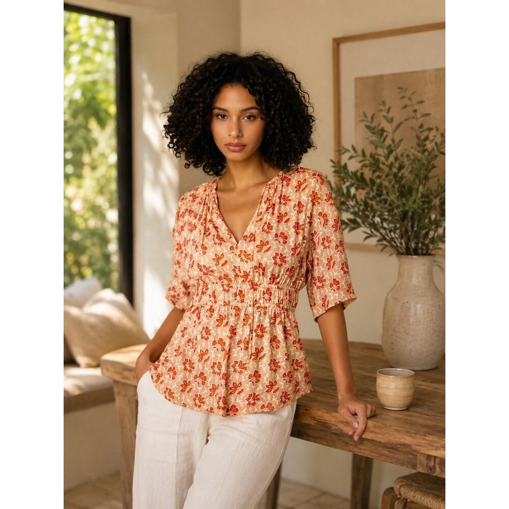 Joie Renae Red Floral Short Sleeve Top Tan and Red in Size Small NWOT